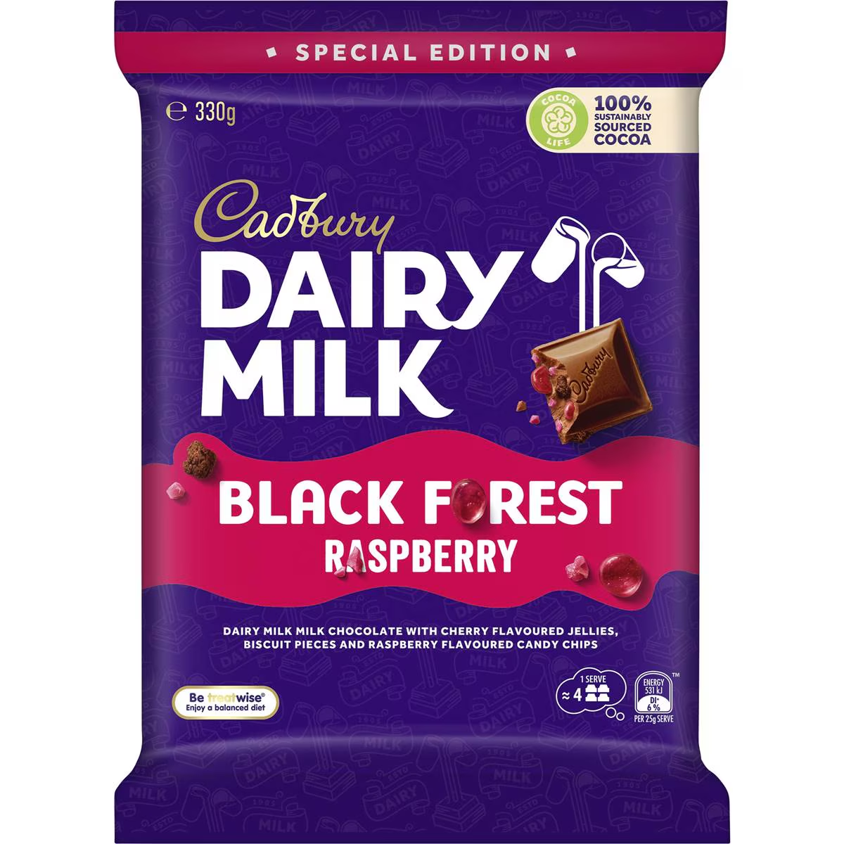 Cadbury Dairy Milk Black Forest Raspberry Chocolate Block 330g
